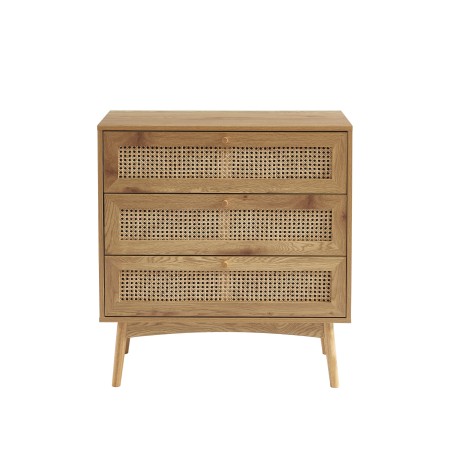 Commode INES effet chêne et cannage rotin 3 tiroirs 80cm