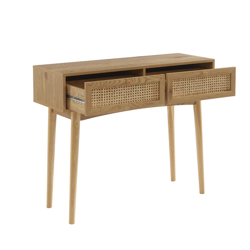 Console INES effet chêne et cannage rotin 100cm