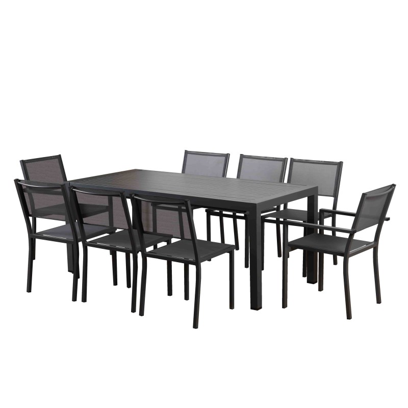 Ensemble repas DINA gris foncé 8 places en aluminium avec table extensible