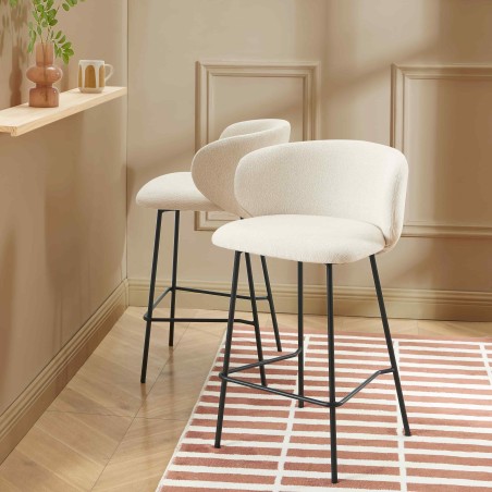 Lot de 2 tabourets CASSIE tissu chenille écru et pieds métal noir
