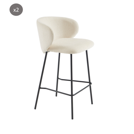 Lot de 2 tabourets CASSIE tissu chenille écru et pieds métal noir