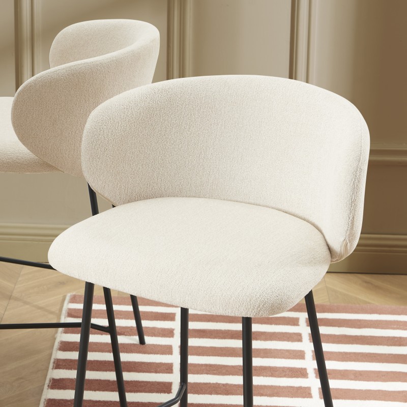 Lot de 2 tabourets CASSIE tissu chenille écru et pieds métal noir