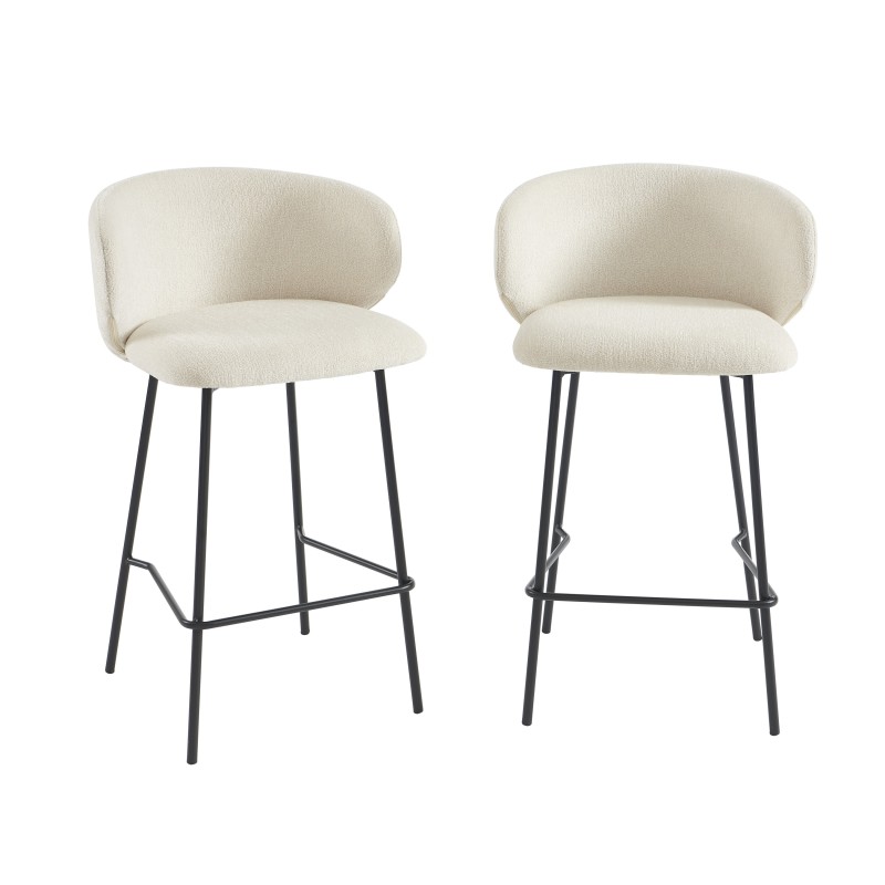 Lot de 2 tabourets CASSIE tissu chenille écru et pieds métal noir