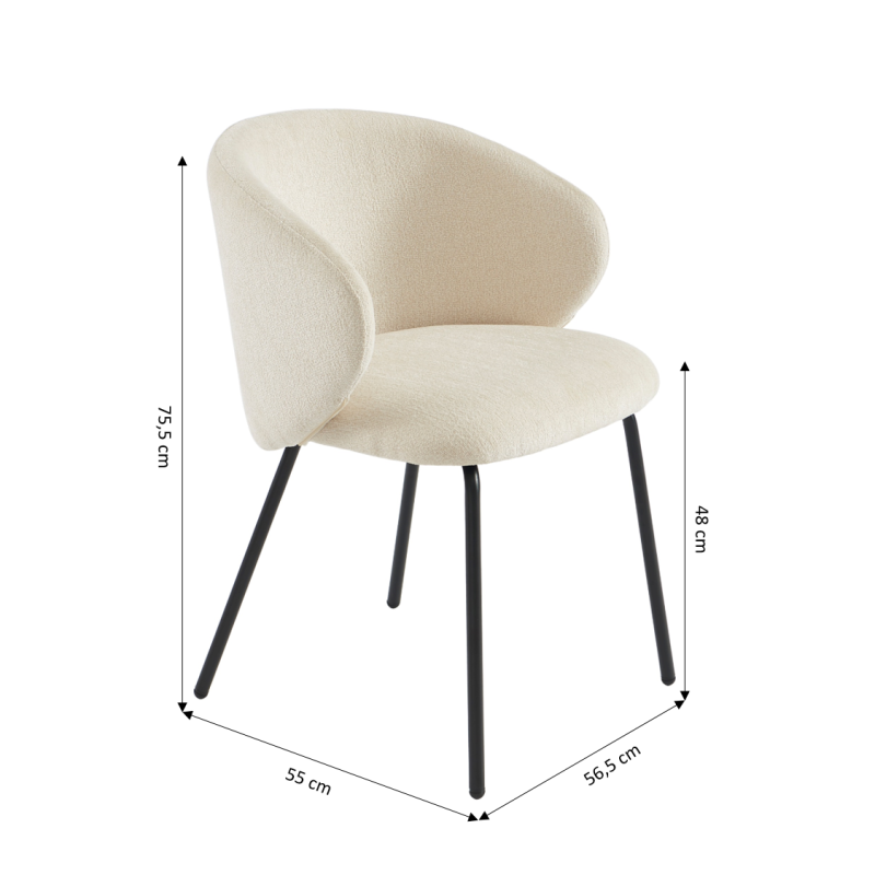 Lot de 2 chaises CASSIE tissu chenille écru et pieds métal noir