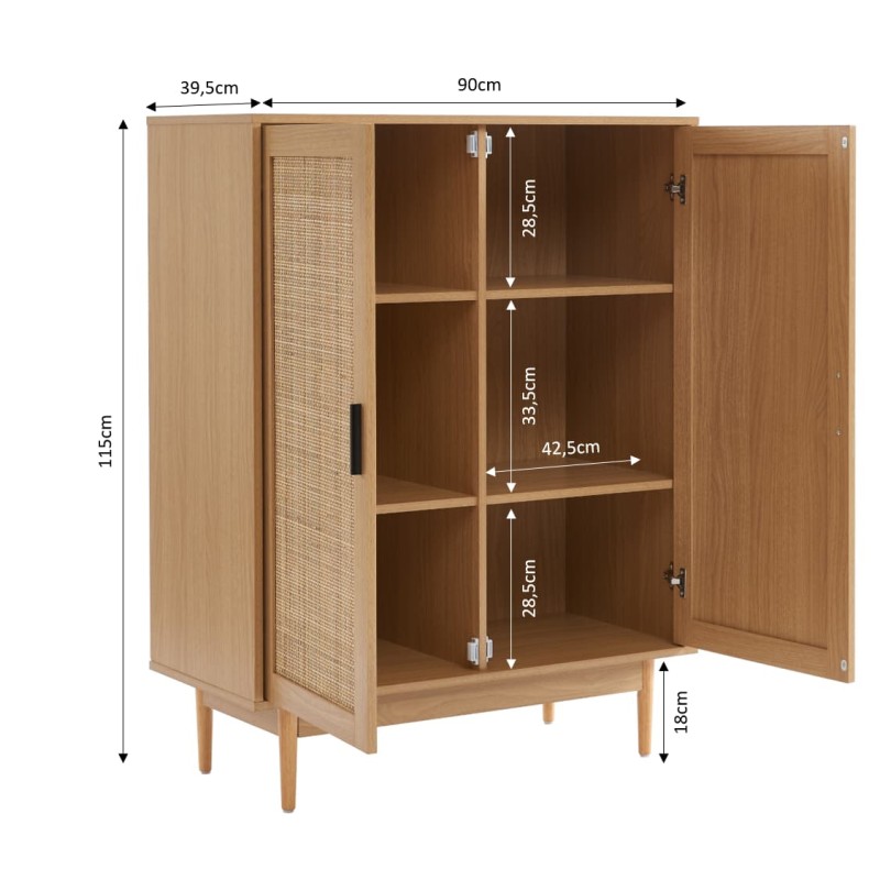 Buffet haut AMANA effet chêne et cannage rotin 2 portes
