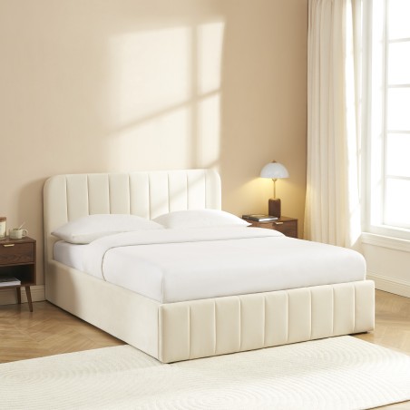 Lit coffre SIMI velours beige 140x190 sommier inclus