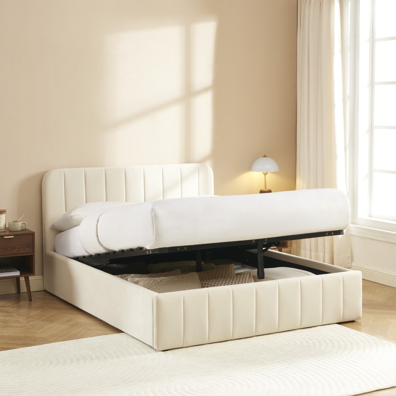 Lit coffre SIMI velours beige 140x190 sommier inclus