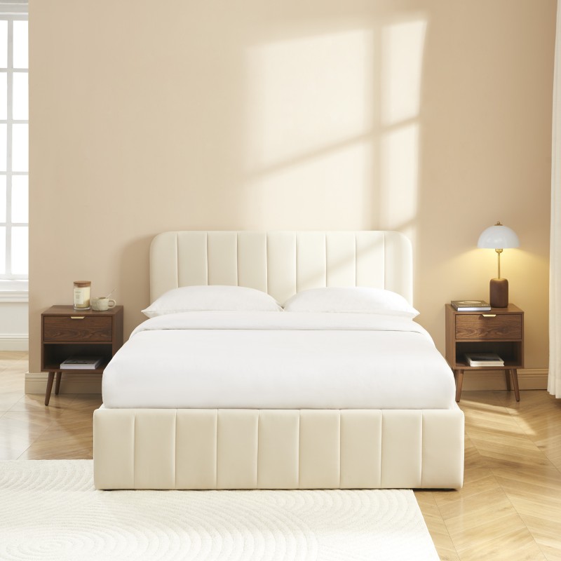 Lit coffre SIMI velours beige 140x190 sommier inclus