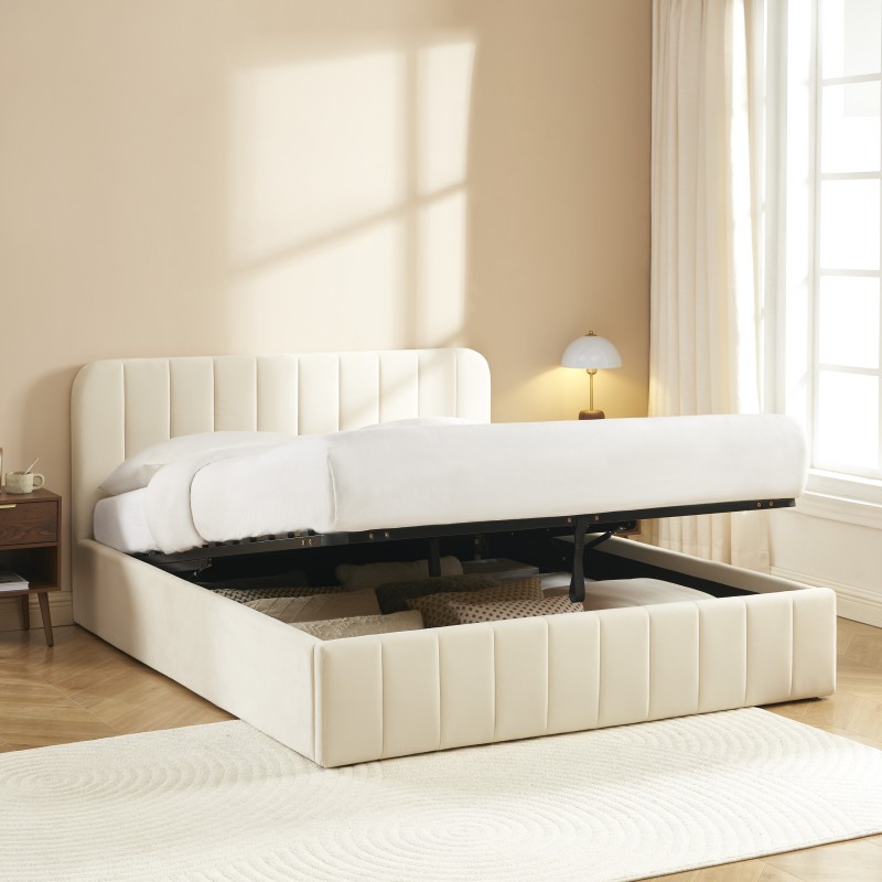 Lit coffre SIMI velours beige 160x200 sommier inclus