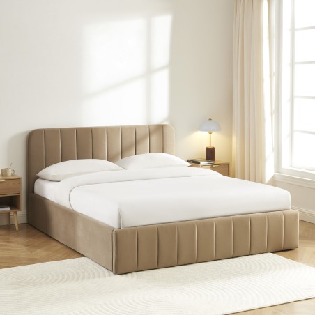 Lit coffre SIMI velours marron 160x200 sommier inclus