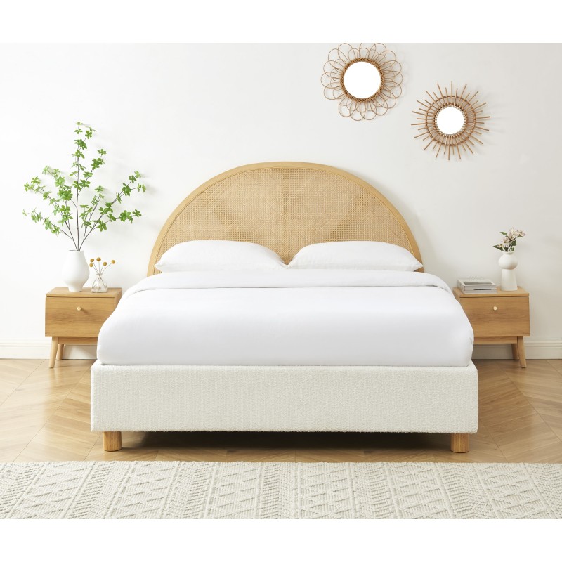 Lit coffre TSUKI bouclette écru et cannage sommier 160x200 inclus