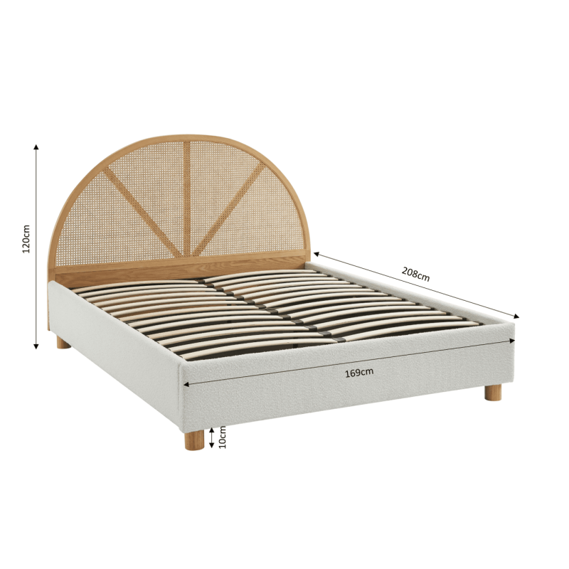 Lit coffre TSUKI bouclette écru et cannage sommier 160x200 inclus