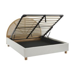 Lit coffre TSUKI bouclette écru et cannage sommier 160x200 inclus