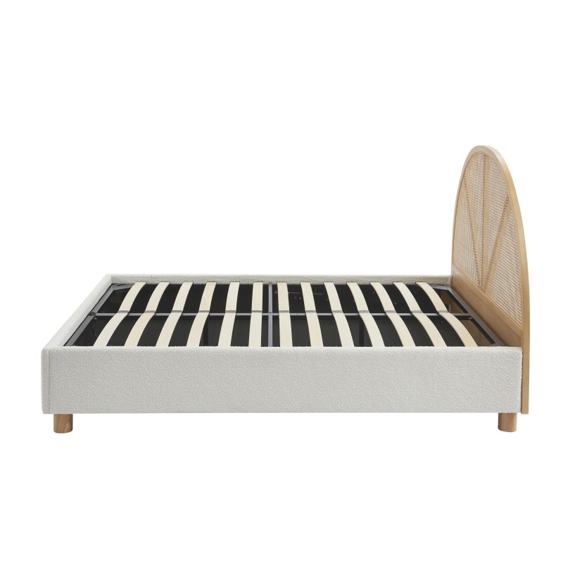 Lit coffre TSUKI bouclette écru et cannage sommier 160x200 inclus