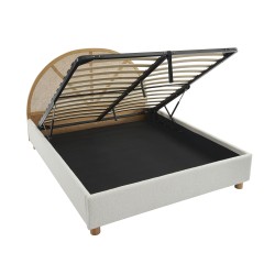 Lit coffre TSUKI bouclette écru et cannage sommier 160x200 inclus