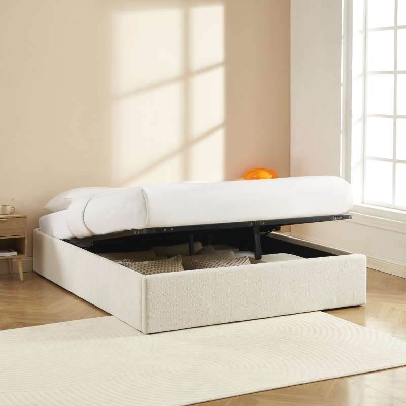 Lit coffre MARCY tissu chenille beige 160x200 sommier inclus