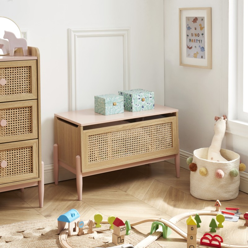 Coffre à jouet PABLO rose et cannage rotin