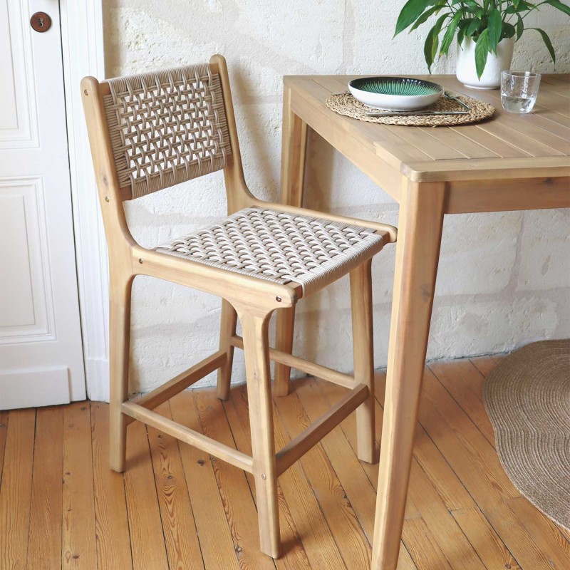 Lot de 2 tabourets de bar intérieur/extérieur KUTA bois d'acacia et corde H66 cm