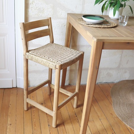 Lot de 2 tabourets de bar intérieur/extérieur MINA bois d'acacia et résine tressée H65 cm