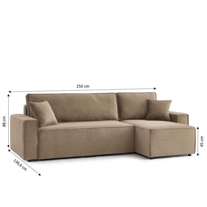 Canapé d'angle convertible et réversible 4 places ZOLA velours côtelé grège