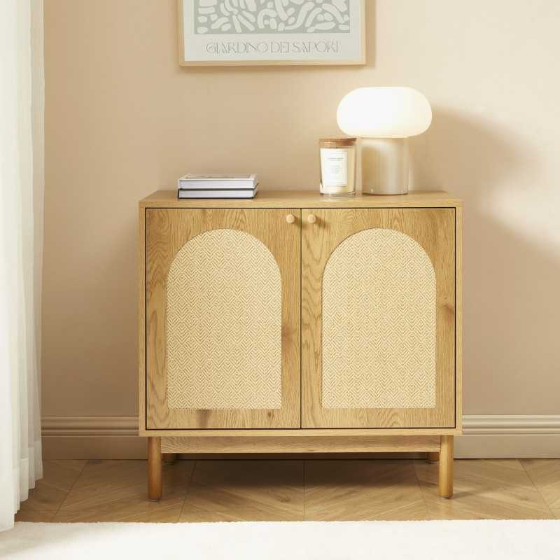 Buffet BAAMA effet chêne et cannage rotin 2 portes 80cm