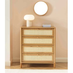 Commode HAIDA 4 tiroirs effet chêne et cannage rotin 42cm
