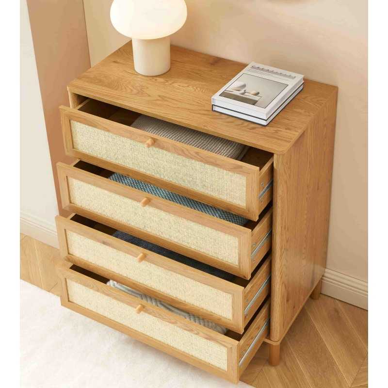 Commode HAIDA 4 tiroirs effet chêne et cannage rotin 42cm