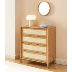 Commode HAIDA 4 tiroirs effet chêne et cannage rotin 42cm