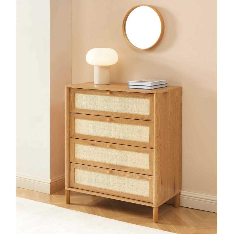 Commode HAIDA 4 tiroirs effet chêne et cannage rotin 42cm