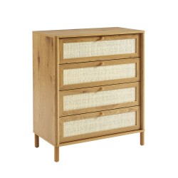 Commode HAIDA 4 tiroirs effet chêne et cannage rotin 42cm