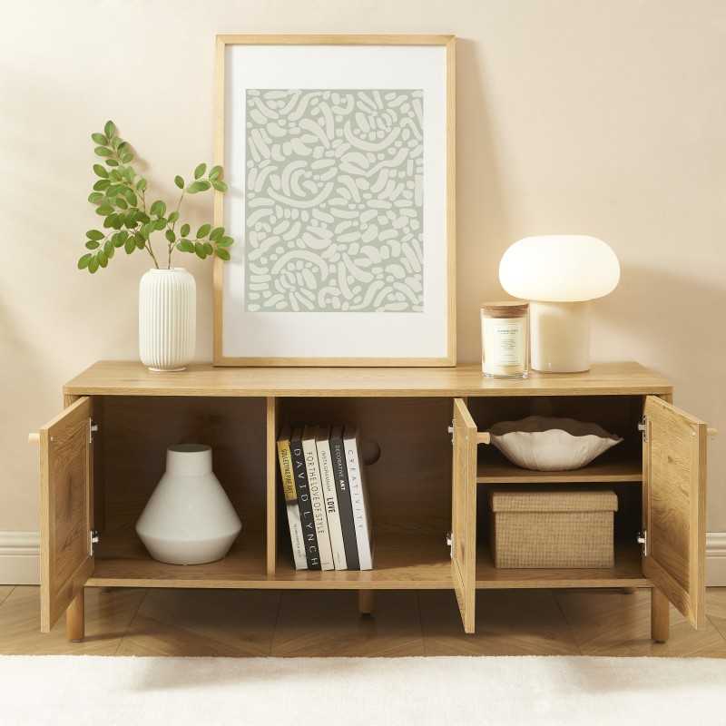 Meuble TV HAIDA effet chêne et cannage rotin 120cm