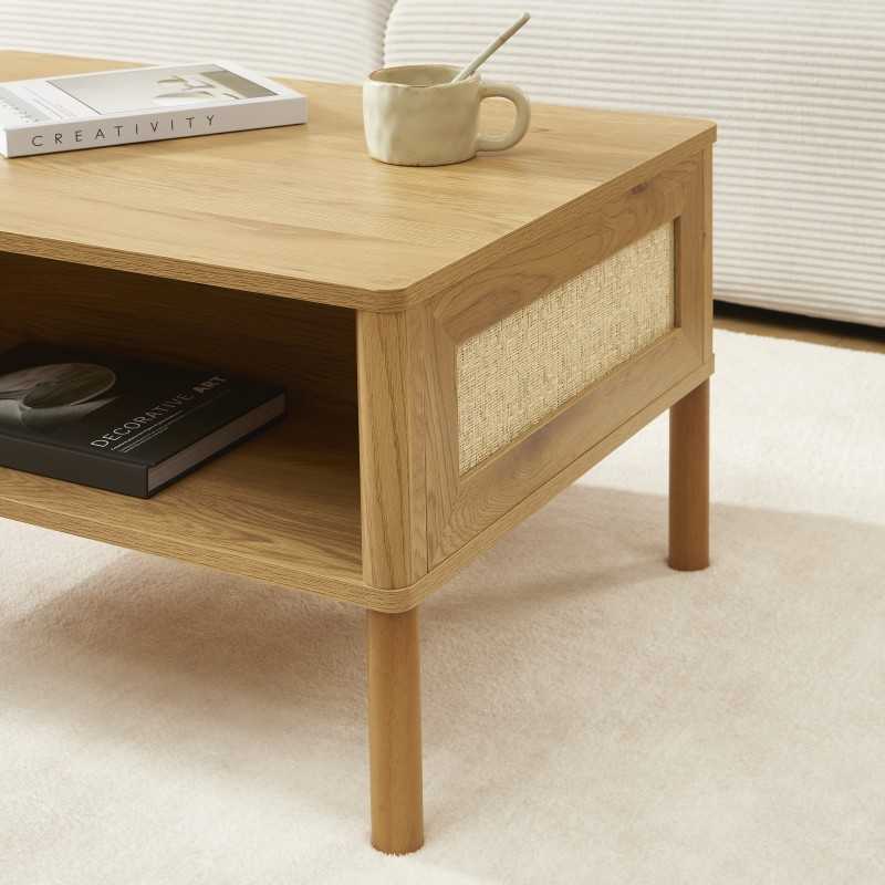 Table basse HAIDA effet chêne et cannage rotin