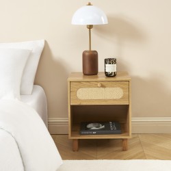 Table de chevet BAAMA effet chêne et cannage rotin 1 tiroir