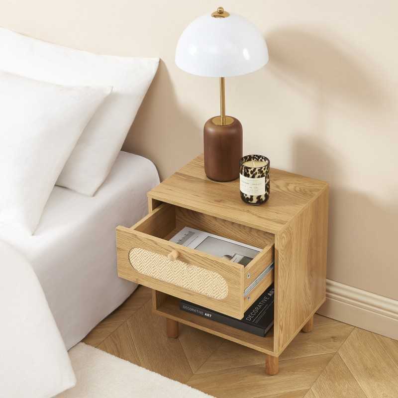 Table de chevet BAAMA effet chêne et cannage rotin 1 tiroir