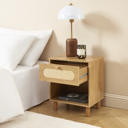 Table de chevet BAAMA effet chêne et cannage rotin 1 tiroir