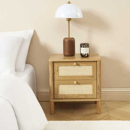 Table de chevet HAIDA effet chêne et cannage rotin 2 tiroirs