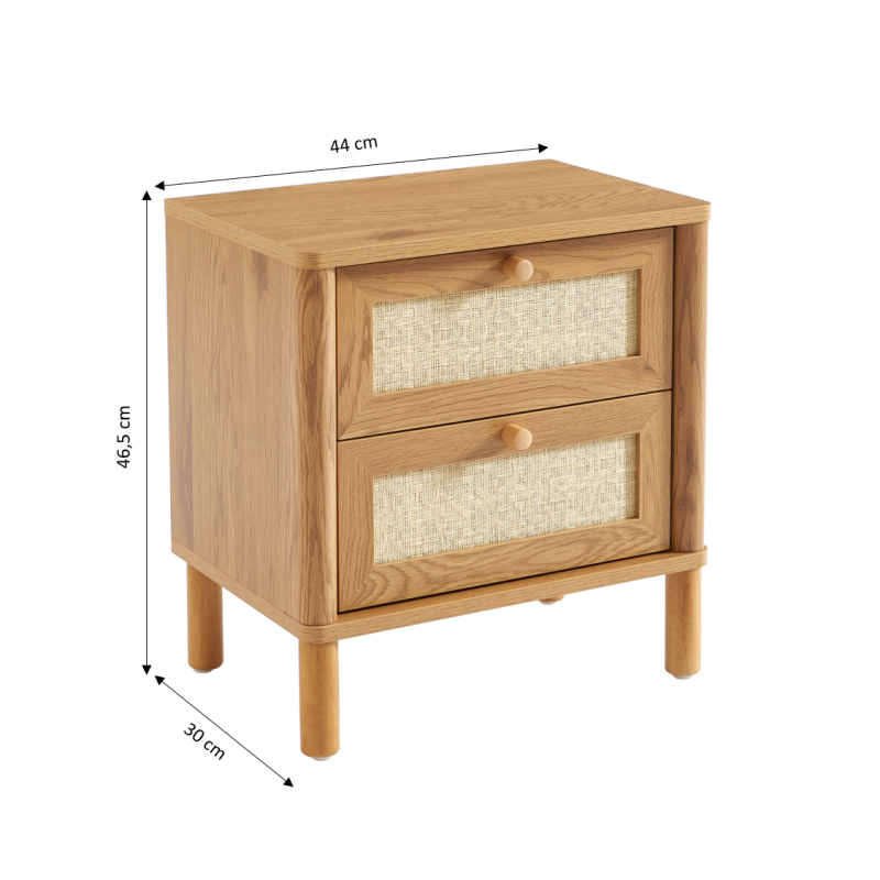 Table de chevet HAIDA effet chêne et cannage rotin 2 tiroirs