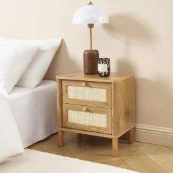 Table de chevet HAIDA effet chêne et cannage rotin 2 tiroirs