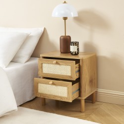 Table de chevet HAIDA effet chêne et cannage rotin 2 tiroirs