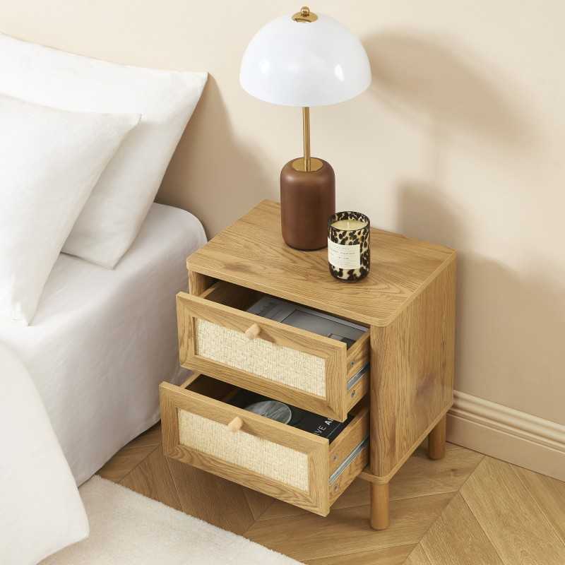 Table de chevet HAIDA effet chêne et cannage rotin 2 tiroirs