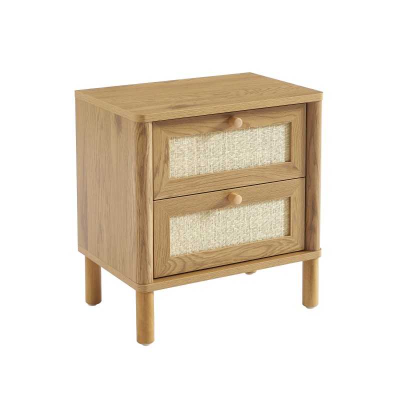Table de chevet HAIDA effet chêne et cannage rotin 2 tiroirs