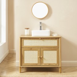 Meuble de salle de bain HAIDA effet chêne et cannage rotin 39,5cm