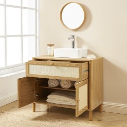 Meuble de salle de bain HAIDA effet chêne et cannage rotin 39,5cm