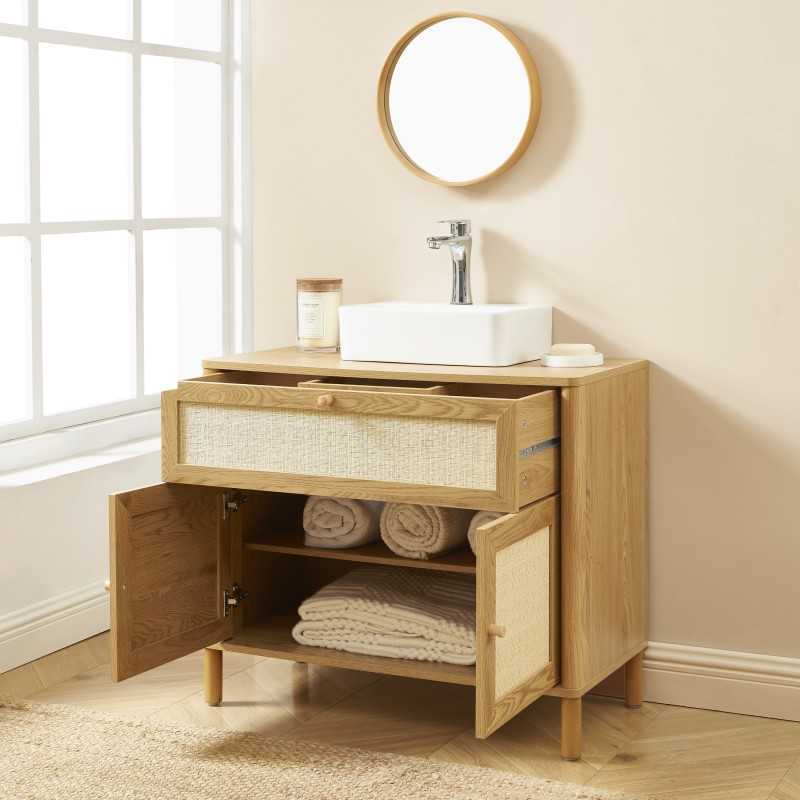 Meuble de salle de bain HAIDA effet chêne et cannage rotin 39,5cm