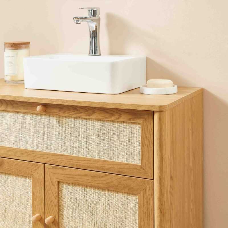 Meuble de salle de bain HAIDA effet chêne et cannage rotin 39,5cm