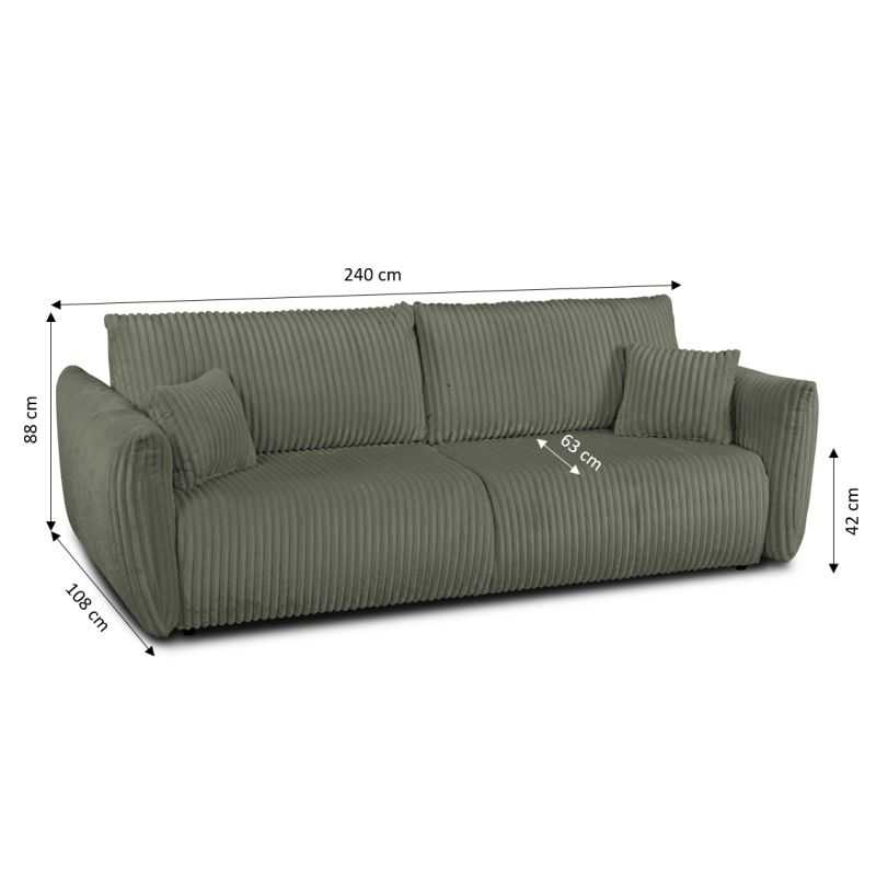 Canapé droit convertible GLORIA 3 places velours côtelé vert sauge