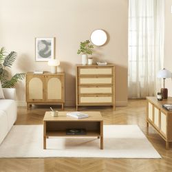 Table basse HAIDA effet chêne et cannage rotin