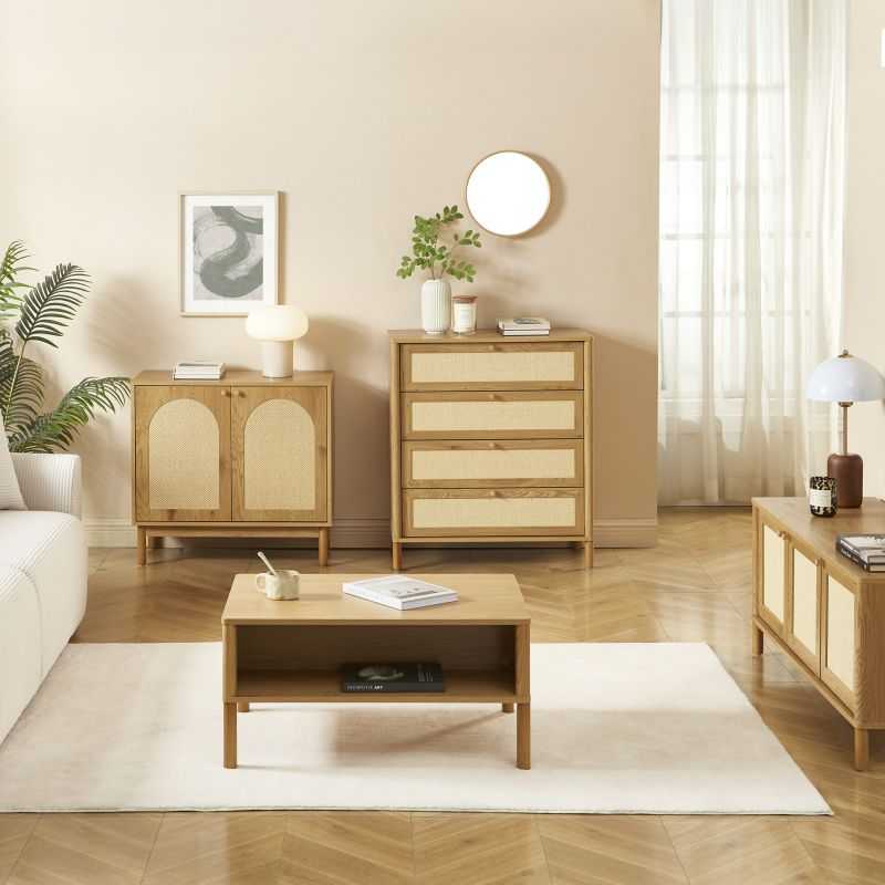 Commode HAIDA 4 tiroirs effet chêne et cannage rotin 42cm