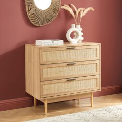 Commode AMANA 3 tiroirs effet chêne et cannage rotin 80cm