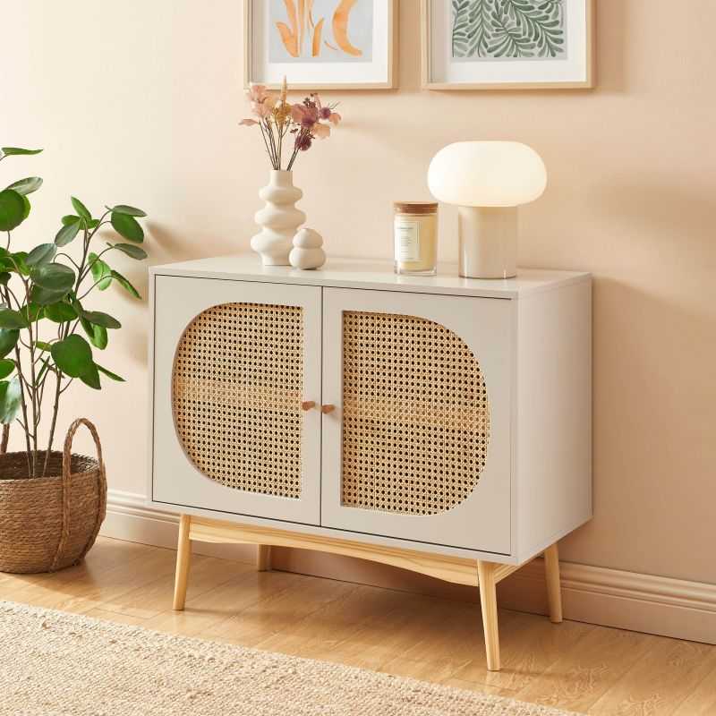 Buffet SIXTINE cannage rotin et gris perle 2 portes 90cm